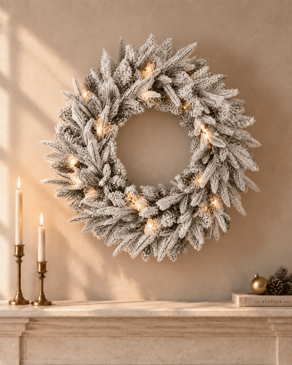 Couronne de Noël lumineuse en sapin artificiel Elvara - Vert enneigé